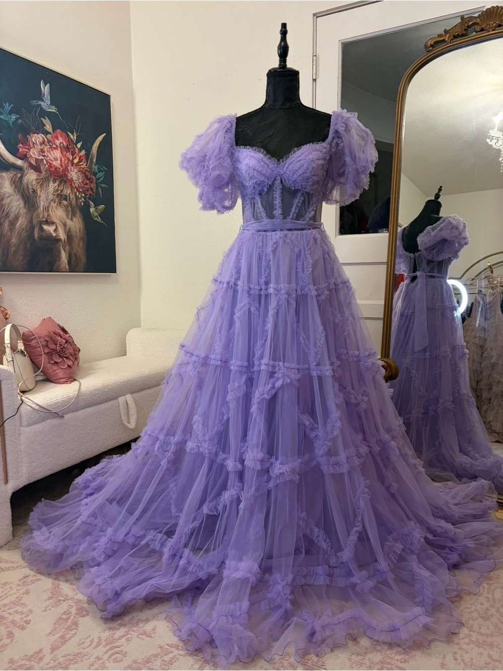 Sherri Hill Lavender Puff Sleeve Tulle Ball Gown